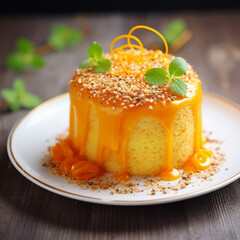 Orange glaze sponge cake with sesame seeds, zest garnish, mint leaves, on white plate, wooden table background.