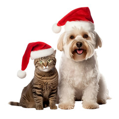 happy dog and cat isolated on transparent background wearing a christmas hat