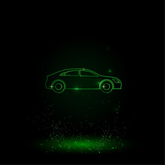 A large green outline car symbol on the center. Green Neon style. Neon color with shiny stars. Vector illustration on black background