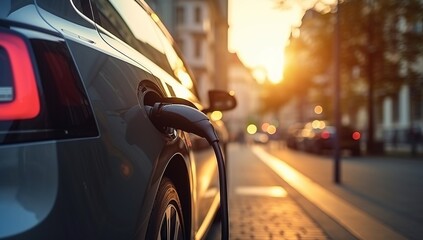 An electric vehicle connected to a charging station, showcasing the cutting-edge innovation and technology behind electric cars and plug-in hybrids.