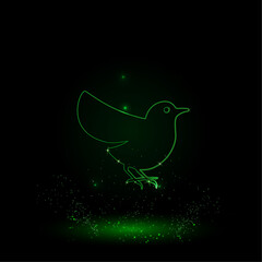 A large green outline bird symbol on the center. Green Neon style. Neon color with shiny stars. Vector illustration on black background