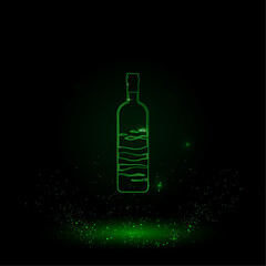 A large green outline the world in a bottle symbol on the center. Green Neon style. Neon color with shiny stars. Vector illustration on black background