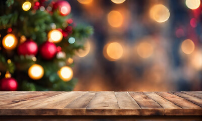 Empty table, blurred Christmas background