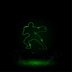 A large green outline combat robot on the center. Green Neon style. Neon color with shiny stars. Vector illustration on black background