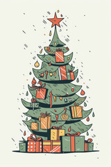 Christmas tree clipart, cartoon style, with white background. Generative AI.