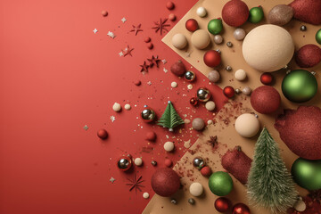 Christmas banner with a top view of decorations on a red background. Generative AI.