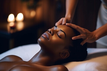 Relaxed African American Woman Receiving Facial Massage. Generative Ai.