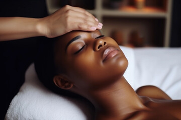African American Woman Enjoying Head Massage at Spa Salon. Generative Ai.
