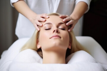 Therapist Performing Head Massage on Blond Woman in Spa Salon. Generative Ai. - obrazy, fototapety, plakaty
