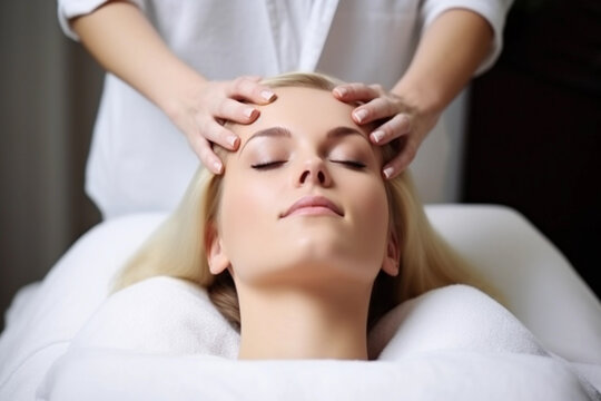 Therapist Performing Head Massage on Blond Woman in Spa Salon. Generative Ai.
