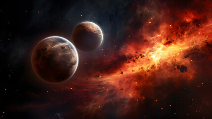 Obraz na płótnie Canvas Cosmic Landscape with Luminous Nebula and Alien Planet