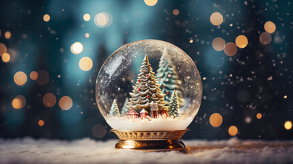 Fototapeta na wymiar Snow globe with christmas tree on snow and bokeh background