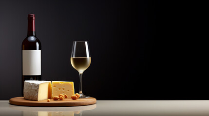 Glass of white wine with a bottle and cheese on wooden tray. Dark background. Copy space. Banner. Generative Al.