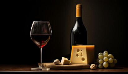 Obraz premium Glass of red wine with bottle, cheese, green grapes on wooden tray. Dark background. Copy space. Generative Al.
