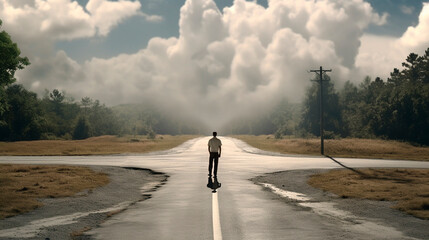 A man is standing on the road. Generative AI, - obrazy, fototapety, plakaty