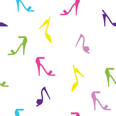 High heels. Colorful seamless pattern of shoes, white background.