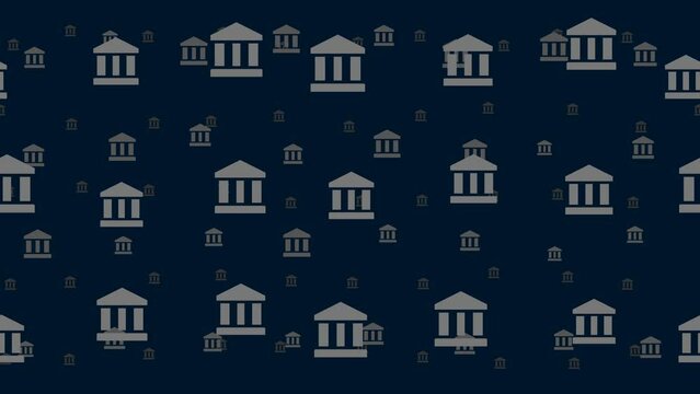 Bank symbols float horizontally from left to right. Parallax fly effect. Floating symbols are located randomly. Seamless looped 4k animation on dark blue background