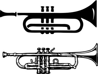 Silhouette of trumpet icons. High HD resolution Brass instruments for wedding and festivals. Classical and jazz ensembles. 
