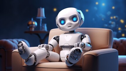Sophisticated robot is relaxing sitting on a sofa chair