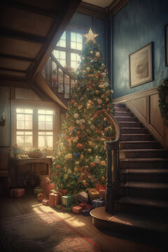 Christmas tree, illuminated and decorated inside the house. Generative AI.