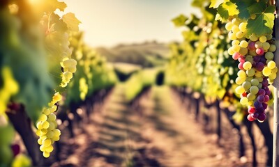 Sunny vineyard landscape with grapes