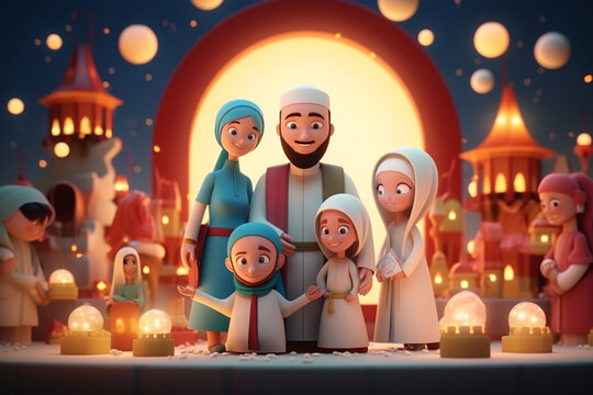 3D caracter cartoon People Celebrate Ramadan Kareem And Al Fitr Illustration