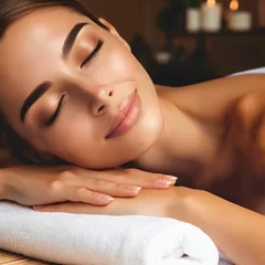 Wall murals Massage parlor Close up of a beautiful young woman relaxing at a massage parlor or spa. Lying on towel after massage treatment. Stress relief. Relaxation. Peacefully. Body massage. Tranquility. Generative AI