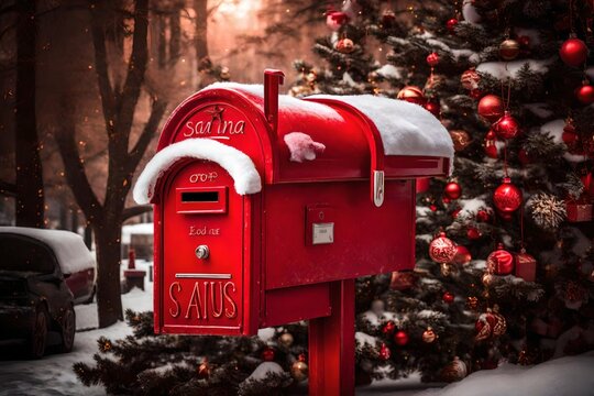 A red mailbox stuffed with letters to Santa Claus.