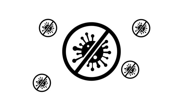 Zoom in and out animation the stop coronavirus symbol. Large black symbol in the center and four small symbols around. Seamless looped 4k animation on white background