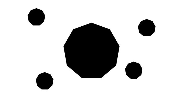 Zoom in and out animation the nonagon symbol. Large black symbol in the center and four small symbols around. Seamless looped 4k animation on white background