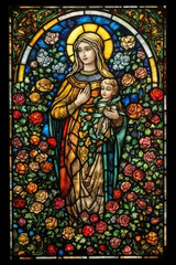 Fototapeta na wymiar Virgin Holy Mary with the baby Jesus, in a painted glass stained glass window. Generative AI.