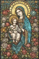 Virgin Holy Mary with the baby Jesus, in a painted glass stained glass window. Generative AI.