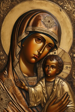 Virgin Holy Mary with the baby Jesus, sculpted on a wooden altarpiece. Generative AI.