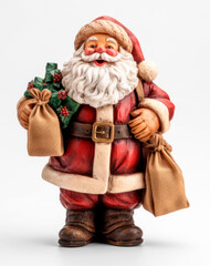 toy ceramic santa with a kind smile and bags of presents on transparent background