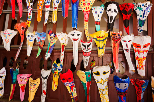 Phi Ta Khon Festival  or Thai Halloween Festival, Ghost Scary Mask made from coconut stalk and painted by Thai artists.