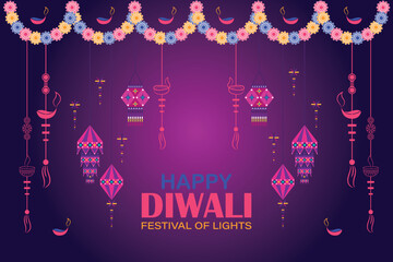 Fototapeta na wymiar Happy Diwali Website header or banner design with realistic oil lamp Graphic of Indian Rangoli, festival of lights colorful banner template design with decorative diya lamp style.