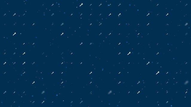 Template animation of evenly spaced adjustable wrench symbols of different sizes and opacity. Animation of transparency and size. Seamless looped 4k animation on dark blue background with stars