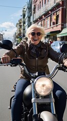 Fototapeta na wymiar Granny drives a chopper motorcycle on the city.