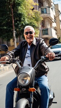 Mature man driving a motorcycle in the city