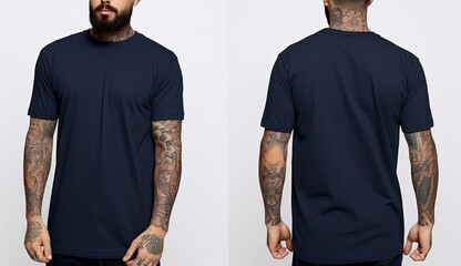 Tattooed man in a dark blue tshirt, Male model wearing a dark navy blue color solid tshirt on a White background, front view and back view, top section cropped, AI Generated - obrazy, fototapety, plakaty