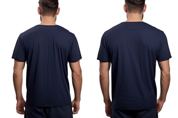 Male tshirt front and back view, isolated on white background, Male model wearing a dark navy blue half sleeves tshirt on a White background, front view and back view, top section, AI Generated