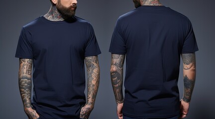Cropped image of tattooed man in dark blue tshirt, Male model wearing a dark navy blue half sleeves tshirt on a White background, front view and back view, top section cropped, AI Generated