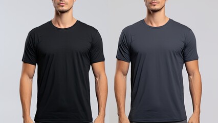 Blank black tshirt template, front and back views, isolated on grey background, Male model wearing a dark navy blue VNeck tshirt on a White background, front view and back view, AI Generated - obrazy, fototapety, plakaty