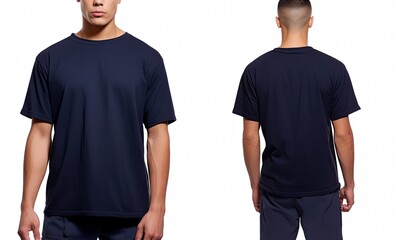 Blank black tshirt template on a man isolated on white background, Male model wearing a dark navy blue half sleeves tshirt on a White background, front view and back view, top section, AI Generated