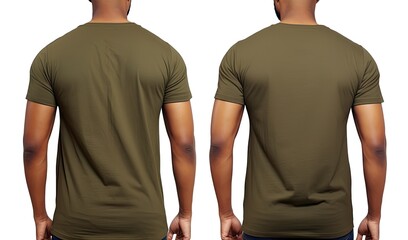 Male tshirt template front and back view isolated on white background, Male model wearing a dark olive color VNeck tshirt on a White background, front view and back view, top section, AI Generated