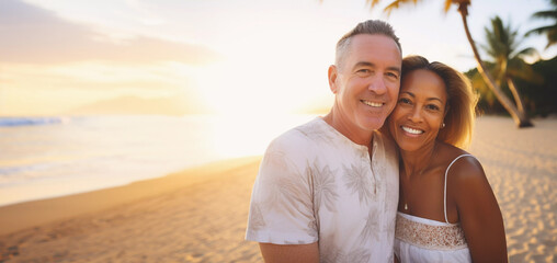 Attractive and happy middle aged interracial couple on vacation standing on sandy tropical beach at sunset, in love