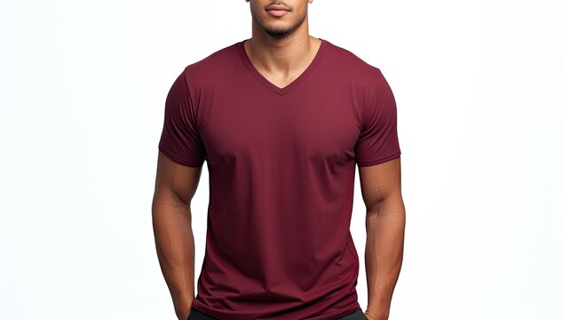 Cropped image of sportsman in red tshirt on white background, Male model wearing a dark maroon color VNeck tshirt on a White background, front view and back view, top section cropped, AI Generated