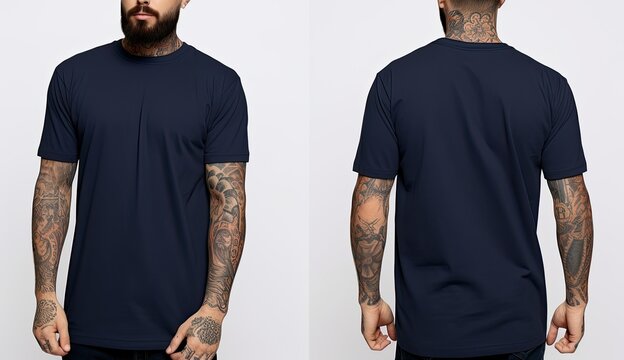 Tattooed man in a dark blue tshirt, Male model wearing a dark navy blue color solid tshirt on a White background, front view and back view, top section cropped, AI Generated