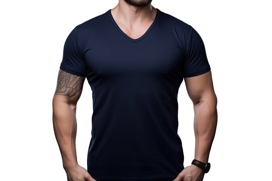 Cropped image of man in black tshirt isolated on white background, Male model wearing a dark navy blue VNeck tshirt on a White background, front view and back view, top section cropped, AI Generated