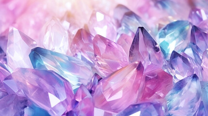 Closeup of shiny precious crystal stones in pink and purple colours, abstract background, shallow focus.